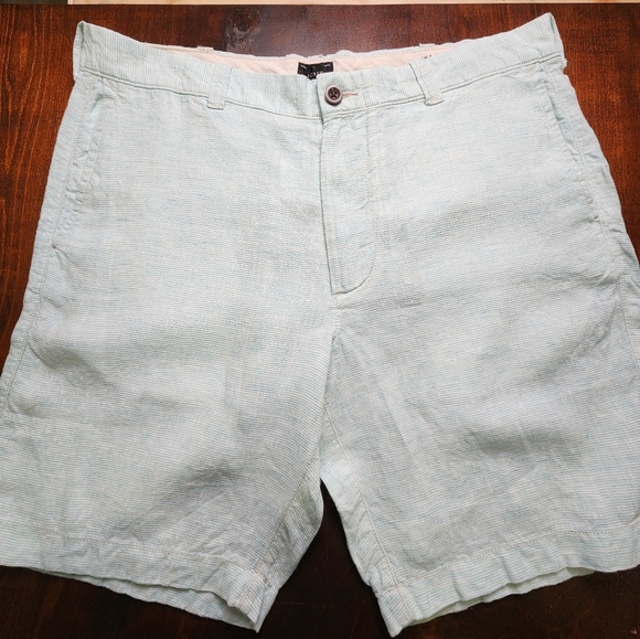 J Crew Linen Shorts Men’s 35 Green White Striped 9” Inseam Casual Lightweight - Picture 2 of 7